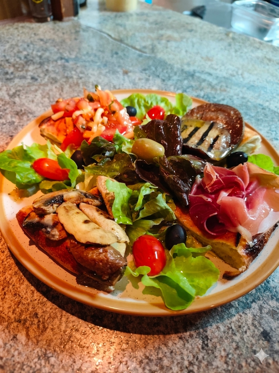 Antipasto Misto Teller mit Bruschetta, Salat und Parmaschinken