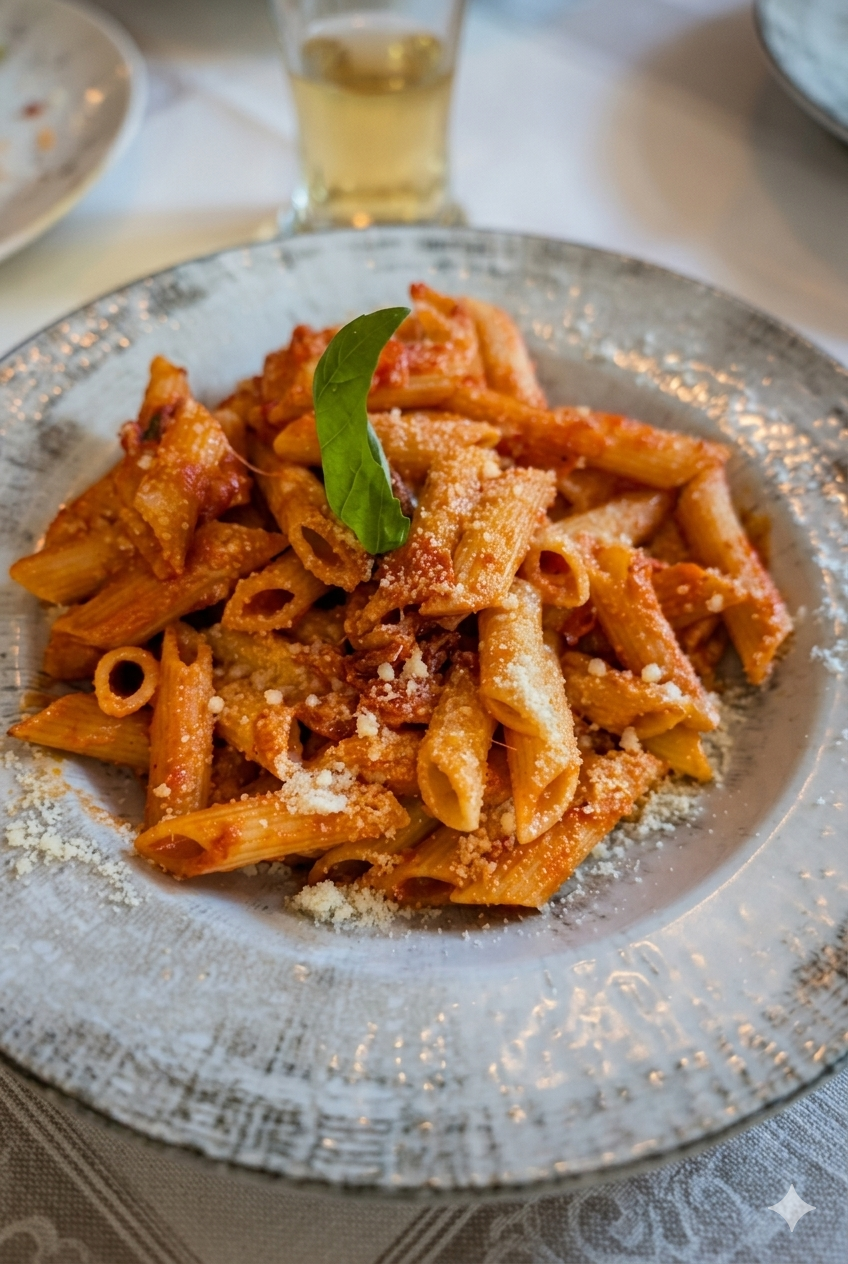 Penne Arrabbiata mit Tomatensauce und Basilikum