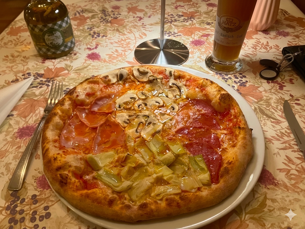Pizza Quattro Stagioni mit Schinken, Pilzen, Salami und Artischocken