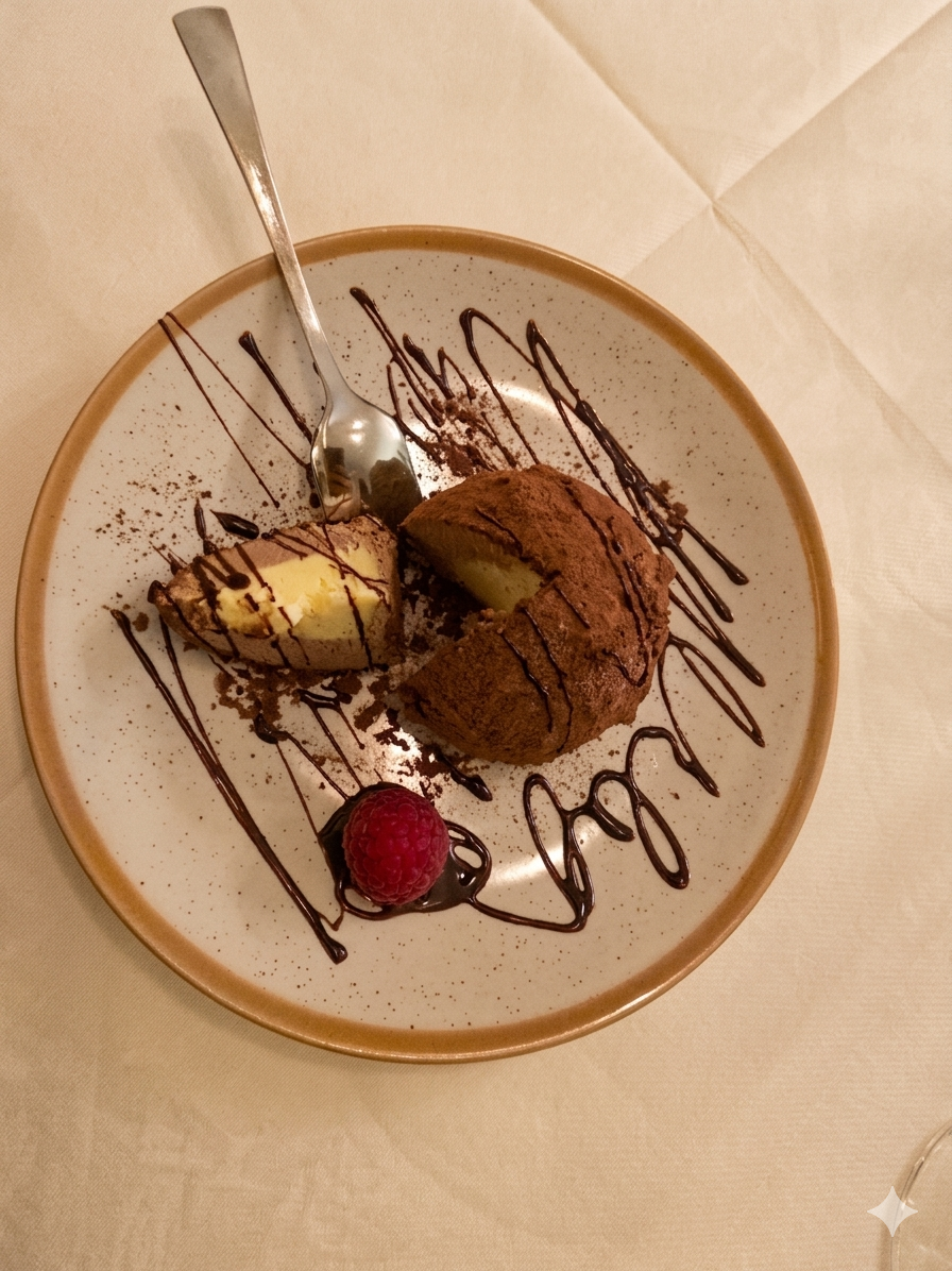 Tartufo Dessert mit Schokoladenglasur und Himbeere